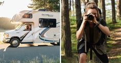 a woman taking pictures next to a motor home and an rv parked in the woods