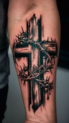 Cross Knee Tattoo, Arm Tattoos For Man, Tattoo Of God, Best Arm Tattoos Men, Men’s Cross Tattoos, Outside Forearm Tattoo Men Ideas, Men Tattoo Ideas Arm, Arrow Tattoo Men