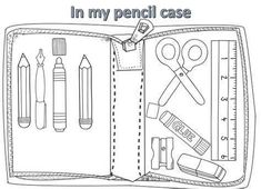 an open book with scissors, pencils and markers in it that says i'm my pencil case