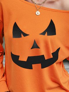 Halloween Pumkin Off Shoulder Long Sleeve Sweatshirt Spooky Orange Long Sleeve Tops, Orange Long Sleeve Spooky Top, Spooky Orange Long Sleeve T-shirt, Spooky Long Sleeve Orange T-shirt, Spooky Long-sleeve Orange T-shirt, Orange Long Sleeve T-shirt For Fall, Spooky Long Sleeve Tops For Fall, Orange Crew Neck Top For Halloween, Orange Crew Neck Halloween Sweatshirt