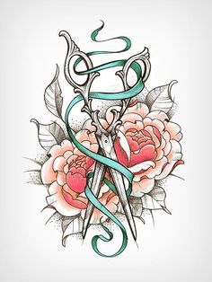 a tattoo design with scissors and roses