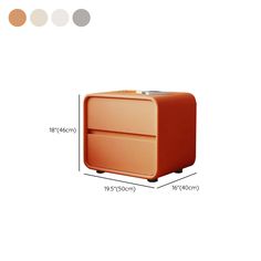 an orange suitcase with measurements for the top and bottom drawers on each side is shown in three different colors