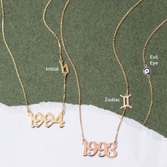 "14k Solid Gold Birth Year Necklace, Personalized Custom Date Number Necklace, Custom Year Birthstone Initial Necklace Gift for Her Women Men ► Adding a customized tiny bar at clasp may be a good idea: https://etsy.me/3cn9OQ5 Material: Solid Gold (real gold, no gold-filled or no gold plated material) Available Gold Karat: 14K (585) Available Gold Color: Yellow, rose, and white The height of the pendant: 10 mm You can customize the chain length from 16\" to 24\". The \"cable chain\" is used for t Symbolic Yellow Gold Jewelry With Birthstone, Gold Nameplate Necklace With Birthstone, Gold Engraved Necklace For May Birthstone, Personalized Gold Jewelry For May Birthstone, Anniversary Yellow Gold Jeweled Custom Necklace, Gold Nameplate Charm Necklace With Birthstone, Spiritual 14k Gold Charm Necklace For Anniversary, Symbolic 14k Rose Gold Necklace, Spiritual 14k Gold Emerald Necklace