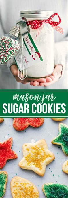 christmas sugar cookies in front of a cookie sheet with the title mason jar sugar cookies