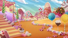 an animated candy land scene with lots of candies and lollipops on the ground