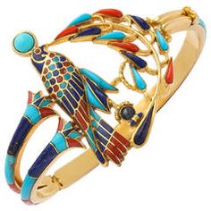 1972 Egyptian Revival Tutankhamun Coral Lapis Turquoise Gold Bracelet Turquoise Jewelry Gold, Egyptian Gold, Red Coral Jewellery, Egyptian Revival Jewelry, 18k Gold Bangle, Red Bangles, Bijoux Art Nouveau, Egyptian Style