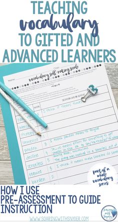 a notebook with the title teaching vocably to get and advanced learners