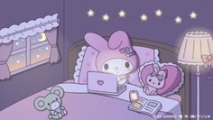 a hello kitty bed room with a laptop and teddy bear