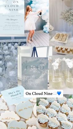 a collage of photos with white and blue decorations on it, including cupcakes