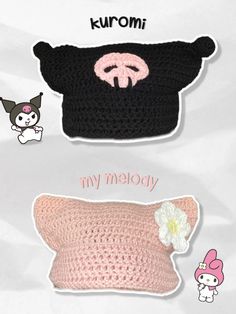 two crocheted pillows are shown with the words kuromi and my melody