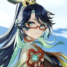 an anime character with long hair and glasses holding a cell phone in her hand, looking at the camera