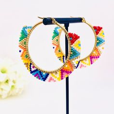 1.5” Gold Hoop Adorned With Beautiful Baroque Pearl Beads - Festive, Bright And Happy Boho Aztec Design Lightweight Enough For Everyday Wear. New Gift With Purchase Lion Earrings, Tropical Earrings, Earrings Patterns, Pineapple Earrings, Halo Earrings, Beaded Earrings Patterns, Dainty Studs, Aztec Design, Halo Earrings Studs