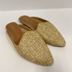 Express Tan Mules, Never Worn. Small Puncture Marks On Left Heel Trendy Gold Flats For Spring, Gold Pointed Toe Flats For Summer, Casual Gold Synthetic Flats, Gold Synthetic Flats For Spring, Spring Gold Synthetic Flats, Tan Mules, Mule Clogs, Mules Shoes, Clogs