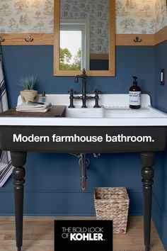 a bathroom sink sitting under a mirror next to a wooden counter top with a towel on it