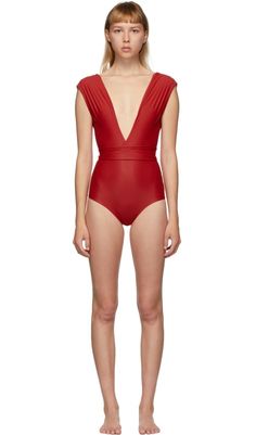 Red Roge One-Piece Swimsuit Triangle Top Polyamide Swimwear, Polyamide Triangle Top Swimwear With Lined Body, Summer Triangle Top Swimwear In Elastane, Triangle Top Swimwear For Poolside, Poolside Triangle Top Swimwear, Red Elastane Swimwear For Swimming, Red Polyamide Swimwear For Summer, Red Elastane Swimwear For Pool, Red Swimwear For Pool