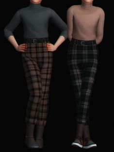 two women standing next to each other in plaid pants