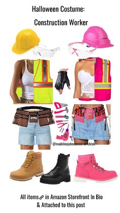 an advertisement for the halloween costume construction worker's clothing and accessories line up in front of a white background