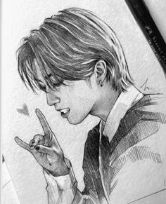 a pencil drawing of a boy with his hand up in the air and pointing at something