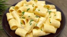 a plate full of macaroni and cheese with parsley on the side,