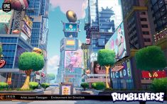 an animated city with lots of tall buildings and neon signs on the side of it