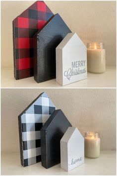 two pictures of christmas cards and candles on a table, one with a house in the middle