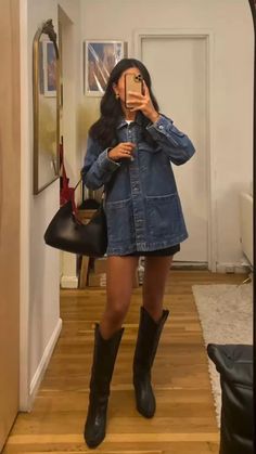 https://amzn.to/3XrG4Jg link to these cute shoes!! Denim Jacket Knee High Boots, Denim Jacket Boots Outfit, Black High Boots Outfit Winter, Black Dress With Leather Jacket Outfit, Black Boots Going Out Outfit, Black Boots Spring Outfit, Western Denim On Denim Outfit, Tall Cowboy Boots Outfit Winter, High Neck Outfits Women