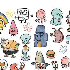 an assortment of cartoonish stickers on a white background