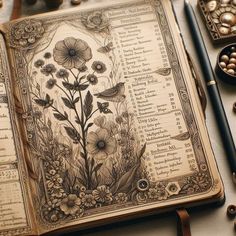 an open book with flowers on it next to some beads and other things in the background