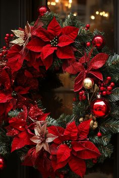 Festive Christmas wreath with red poinsettias, ornaments, and green foliage. Unique Wrapping Ideas, Traditional Front Door, Lego Christmas Tree, Photo Wreath, Front Door Decorations, Christmas Wreath Ideas, Wreath Alternative, Red Christmas Wreath, Make Your Own Wreath