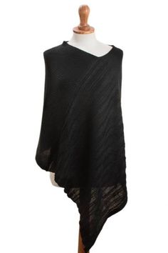 Full of glam this elegant poncho from Peru is designed by Cristina Villalobos. She knits the poncho from an alpaca wool blend featuring subtle stripes and a solid black hue. Black Knit One-size Poncho, Elegant Knit Winter Poncho, Elegant Knit Poncho For Winter, Elegant Knit Poncho For Fall, Cable Knit Poncho One Size, One Size Cable Knit Poncho, Knit Alpaca, Alpaca Wool, Best Mom