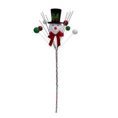 a candy cane with a snowman on top and two balls in the middle that are attached to it