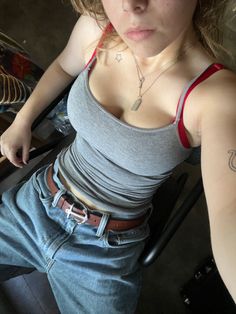 Tank Top And Jeans Outfit Aesthetic, Cargos And Tank Top, Bra Showing Under Tank Top, Jean Belt Outfit, Fitted Tank Top Outfits, Baggy Tank Top Outfit, Tank Top Over Sweater, Baggy Jeans Small Top Outfit, Tank Top And Baggy Jeans Outfit