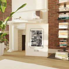 a room with a fireplace, bookshelf and potted plant on the floor