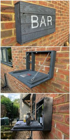 an outdoor bar made out of pallet wood and some kind of chain attached to it