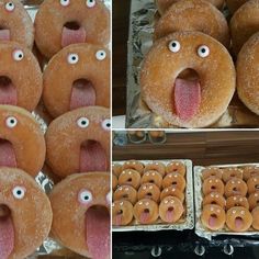 there are many doughnuts with eyes and mouths on them in different stages of making faces