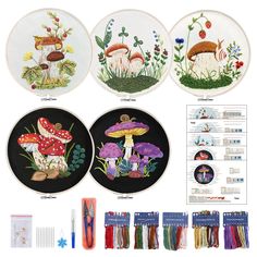 the embroidery kit includes four different types of mushrooms