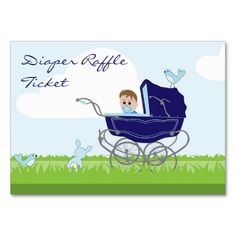 a baby in a blue stroller with birds around it and the words, diaper raffle ticket