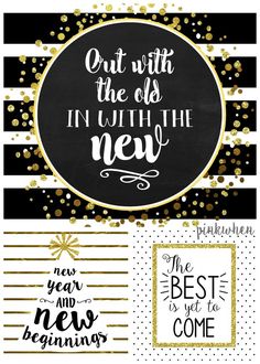 the new year's greeting cards with gold and black stripes, dots, and confetti