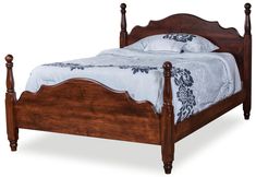 a wooden bed frame with white sheets and blue flowers on the pillowcase, along with two night stands