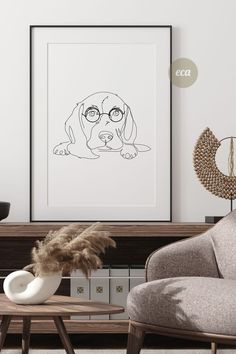 a black and white drawing of a dog with glasses on it's face in a living room