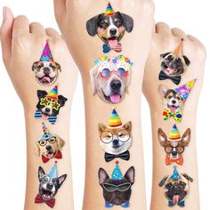 the dogs are wearing party hats, glasses and bow ties on their legs for this temporary tattoo