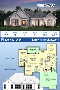 two story house plan with 3 bedroom and 2 bathrooms in the front, an open floor plan