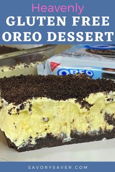 a close up of a piece of cake on a plate with the words heavenly gluten free oreo dessert