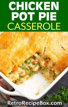 chicken pot pie casserole in a white dish