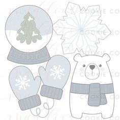 a paper cut out of a snow globe and mittens with a bear in it