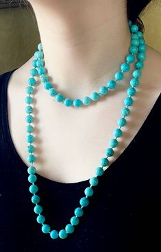 opera long  - approx 41-42" necklace! 125g! substantial! made in China - marked - please see photos. in excellent condition quality strang! large beads -10mm/ please see photos. it is stabilized /maybe color enchanced Chinese turquoise/ or another stone. fabulous necklace for Summer for those who love opera necklaces! sterling silver clasp and ends - marked please see last photos. quality strung and even the ends are marked which shows quality! long substantial well made!  fast free USA priority Elegant Turquoise Necklace With Large Beads, Elegant Turquoise Long Necklace With Round Beads, Large Beads, Sky Blue, Favorite Jewelry, Turquoise Necklace, Opera, Etsy Accessories, Beaded Necklace