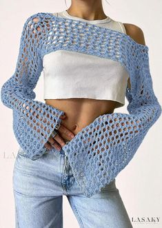 Lasaky - Stylish Mesh Cover-up: Cropped Sweater with Bell Sleeves and Hand-knitted Details Hollow Sweater, Cutout Sweater, Cropped Pullover, Long Sleeve Knitted Cardigan, Estilo Chic, Sweater Collection, Summer Knitting, Knit Crop Top, Knit Crop