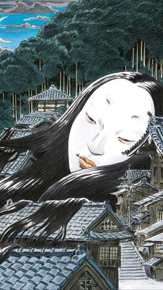 a painting of a woman with long black hair flying over rooftops in the sky