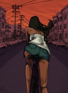 a drawing of a woman riding a bike down the street at sunset with her back turned to the camera