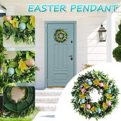 the easter wreath is hanging on the front door